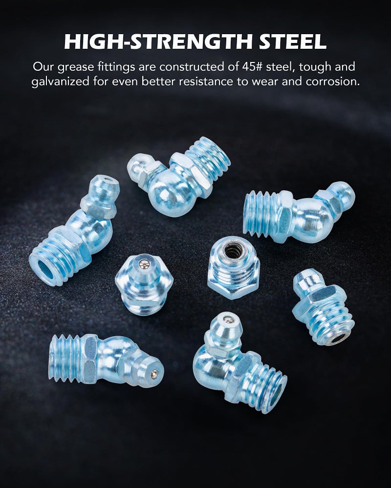 ZELCAN 230pc SAE & Metric Grease Fittings Kit, Hydraulic Grease Zerk Assortment: 1/4" 1/8" M6 M10 Straight 45 90 Degree Zerks, Galvanized Steel Set for Replacing Missing or Broken Zerk Grease Fittings - Image 5